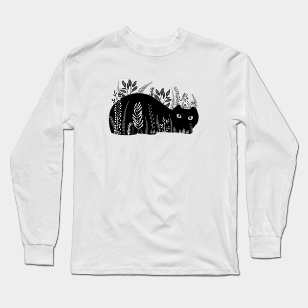 Black And White Garden Cat Long Sleeve T-Shirt by LittleBunnySunshine